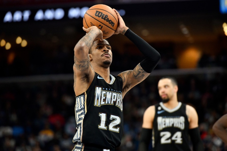 <strong>Memphis Grizzlies guard Ja Morant (12) plays in the first half of an NBA basketball game against the Minnesota Timberwolves Friday, Feb. 10, 2023, in Memphis, Tenn.</strong> (AP Photo/Brandon Dill)
