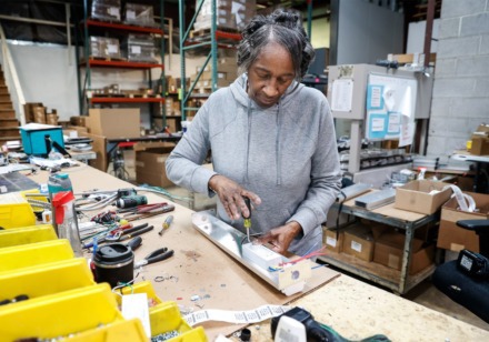 <strong>Claudia Duncan works in the Lumalier warehouse in Northeast Memphis.&nbsp;The pandemic raised the awareness of GUV&nbsp;&mdash; germicidal-UV or GUV &mdash; to control bacteria and cut carbon emissions.&nbsp;</strong>(Mark Weber/The Daily Memphian)