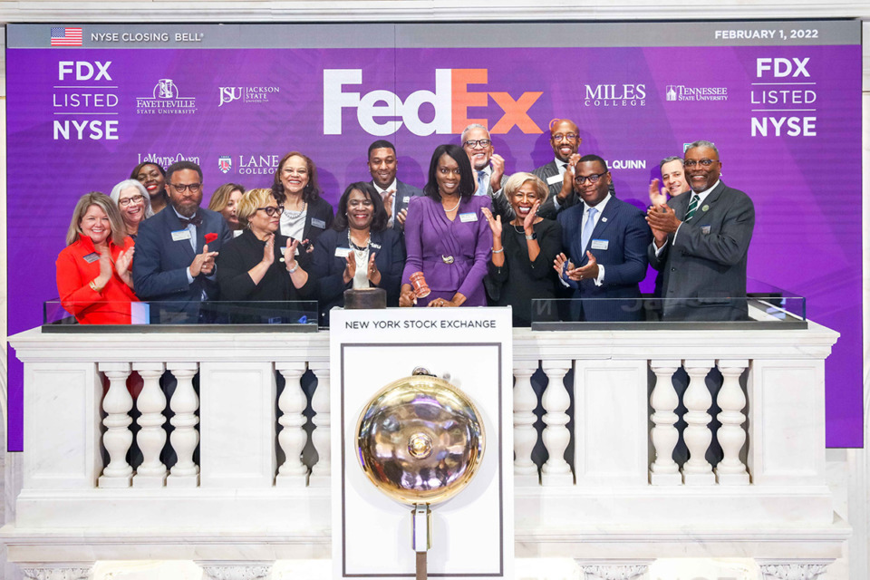 <strong>FedEx rings the closing bell at The New York Stock Exchange on Feb. 1, 2022, in celebration of the FedEx-HBCU Student Ambassador Program. Vernell Bennett-Fairs, seventh from left and president of LeMoyne-Owen College, joined Chris Taylor, second from left and vice president of NYSE Listings and Services, and Sharon Bowen, fifth from left and the chair of the NYSE, for the occasion.</strong> (Credit NYSE)