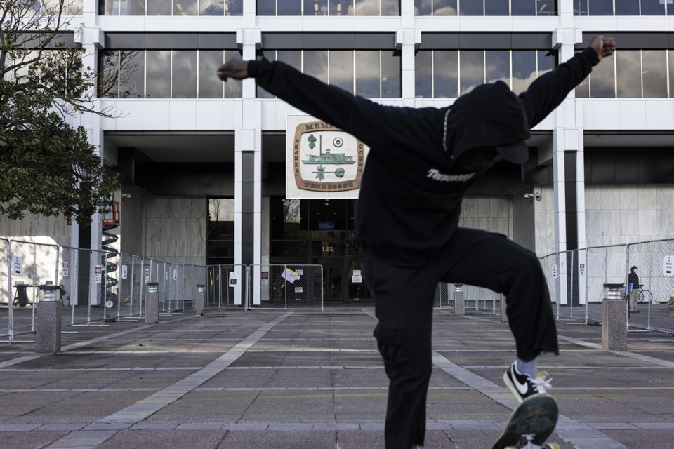 <strong>Members of the skateboarding community protested by skating for Tyre Nichols in front of Memphis City Hall in January. The city council took votes on a package of police reforms Feb. 7.</strong> (Brad Vest/The Daily Memphian file)