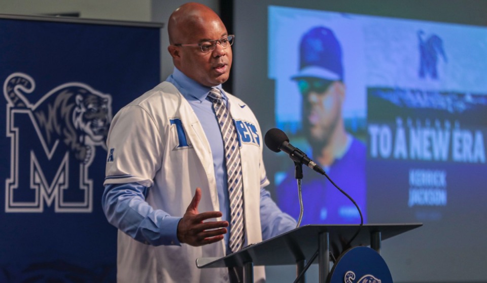 <strong>New University of Memphis baseball coach Kerrick Jackson speaks at a June 8, 2022, press conference.</strong> (Patrick Lantrip/The Daily Memphian file)