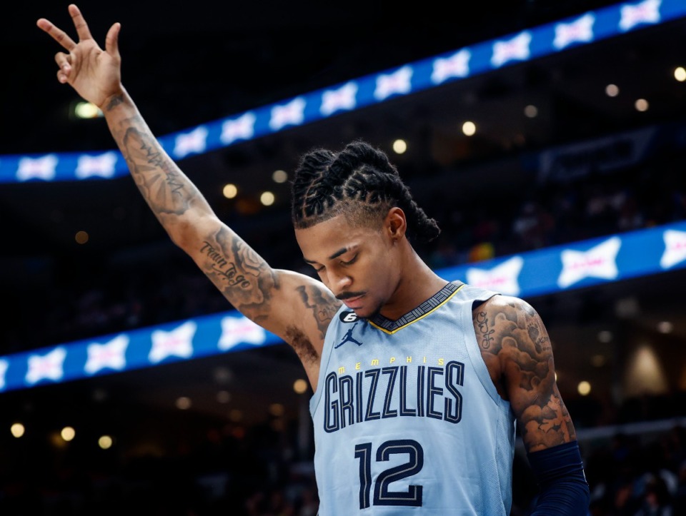 <strong>Memphis Grizzlies guard Ja Morant celebrates a teammate&rsquo;s 3-pointer against the Utah Jazz on Wednesday, Feb. 15, 2023.</strong> (Mark Weber/The Daily Memphian)