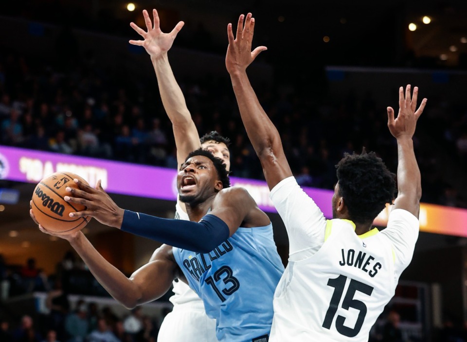<strong>The swift ascendance of Memphis center Jaren Jackson Jr. (middle) is the biggest reason the Grizzlies have outstripped preseason expectations, according to Geoff Calkins.</strong>&nbsp;(Mark Weber/The Daily Memphian)