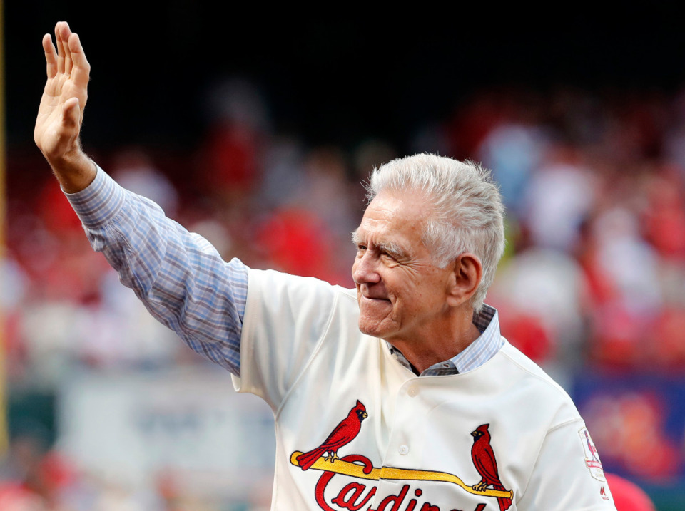 <strong>Tim McCarver, a member of the St. Louis Cardinals' 1967 World Series championship team, takes part in a ceremony honoring the 50th anniversary of the victory before the start of a baseball game between the St. Louis Cardinals and the Boston Red Sox on May 17, 2017, in St. Louis. McCarver, the All-Star catcher and Hall of Fame broadcaster, who, during 60 years in baseball, won two World Series titles with the St. Louis Cardinals, and had a long run as one of the country's most recognized television commentators.</strong> (AP Photo/Jeff Roberson file)