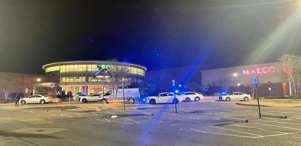 <strong>Police respond to a report of a shooting at Wolfchase Galleria Thursday afternoon, Feb. 16, 2023.</strong> (Julia Baker/The Daily Memphian)