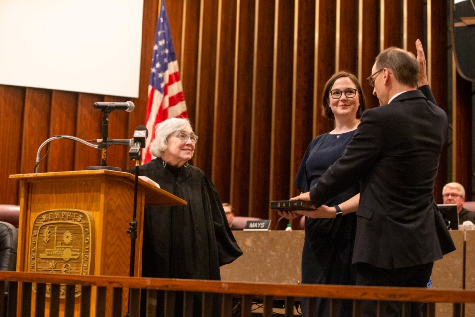 <strong>U.S. Appellate Court for the Sixth Circuit Judge Julia Smith Gibbons swears in Kevin Ritz as&nbsp;U.S Attorney for the Western District of Tennessee at Memphis City Hall on Friday, Feb. 17, 2023.</strong> (Ziggy Mack/Special to The Daily Memphian)