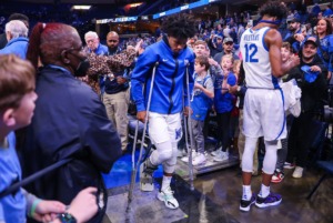 <strong>Memphis guard Kendric Davis (3) limps off the court after a Feb. 16, 2023 game against UCF at FedExForum.</strong>&nbsp;(Patrick Lantrip/The Daily Memphian)