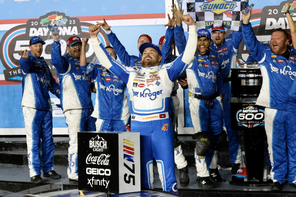 <strong>Ricky Stenhouse Jr., center, who was born in Memphis and raised in Olive Branch, celebrates in Victory Lane after winning the NASCAR Daytona 500 auto race at Daytona International Speedway, Sunday, Feb. 19, 2023, in Daytona Beach, Fla.</strong> (AP Photo/Terry Renna)