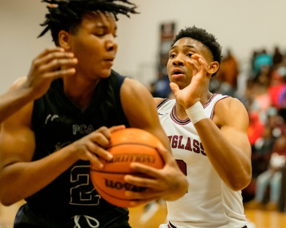 <strong>Douglass High School forward, Tyler Johnson (2), posts up to defend a Power Center Academy player during a game against the Knights on March 7, 2021. The Knights defeated Douglass 64-62 with a buzzer beater shot.</strong> (Houston Cofield/Special To The Daily Memphian file)