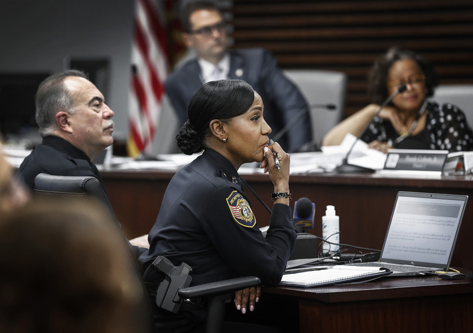 <strong>Memphis police chief Cerelyn &ldquo;C.J.&rdquo; Davis (middle) attends a city council committee session to give updates on crime statics and the Tyre Nichols investigation on Feb. 21.</strong> (Mark Weber/The Daily Memphian)