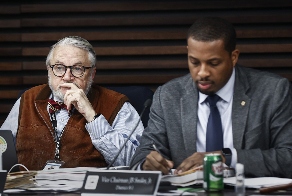 <strong>Memphis City Council members Jeff Warren (left) and JB Smiley Jr. (right) attend a committee session on crime statistics and receive an update on the Tyre Nichols investigation from the Memphis Police Department on Feb. 21.</strong> (Mark Weber/The Daily Memphian)