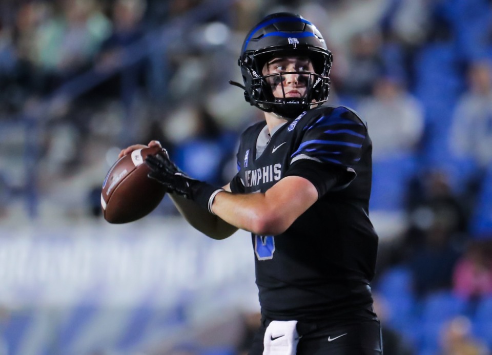<strong>University of Memphis quarterback Seth Henigan (5) throws the ball during a Nov. 10, 2022 game against the University of Tulsa.</strong> (Patrick Lantrip/The Daily Memphian file)
