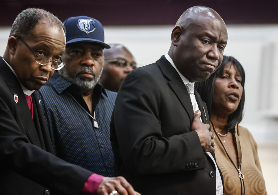 <strong>Attorney Ben Crump (front), representing the Tyre Nichols family, speaks during a press conference on Jan. 27.</strong> (Mark Weber/The Daily Memphian)