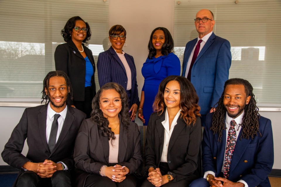 <strong>Bank of America has partnered with the University of Memphis for the new FCBE Career Fellows Program. Pictured, in front row, (left to right): fellowship students Isaiah Capps, Chanise Thompson, Ashanti Crowder, Aaron Wallace. In back row (left to row): Marja Martin-Carruth, director of Avron B. Fogelman Center for Professional Career Development; Bonita Terry-Malone, senior director of corporate foundation relations at the University of Memphis; Trevia Chatman, president of Bank of America Memphis and Gregory W. Boller, interim dean, Fogelman College of Business and Economics at the University of Memphis.</strong> (Courtesy U of M)