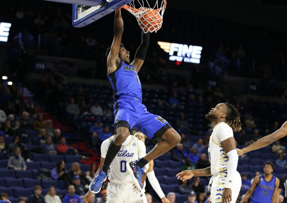 <strong>Memphis Tigers guard Keonte Kennedy (1) dunks during Memphis&rsquo; game against Tulsa at the Reynolds Center on Jan. 29, 2023. Kennedy will be out for the rest of the season.</strong> (Joey Johnson/Special to The Daily Memphian file)