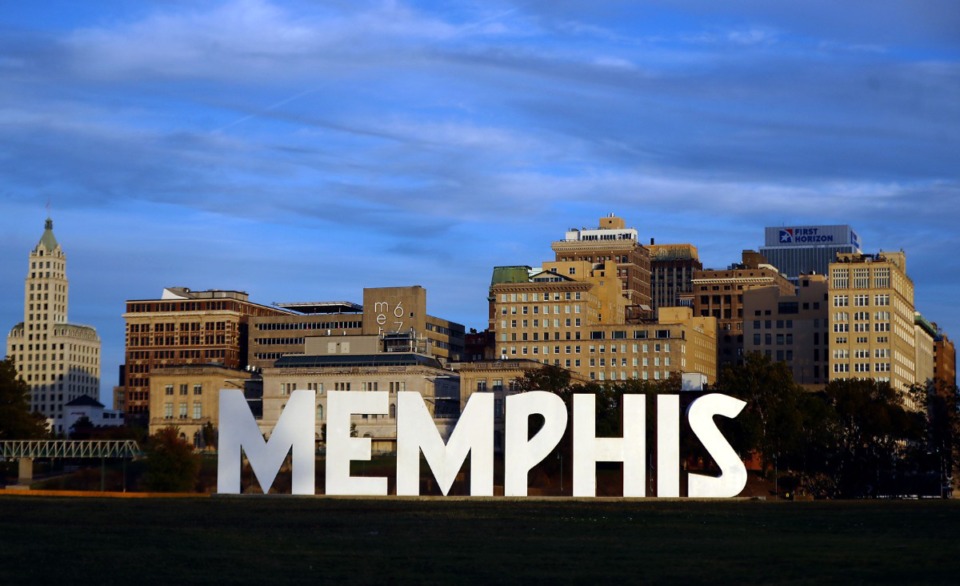 <strong>The scenic backdrop of Downtown Memphis can be seen Oct. 31, 2020 behind the Memphis sign on Mud Island.</strong> (Patrick Lantrip/The Daily Memphian file)