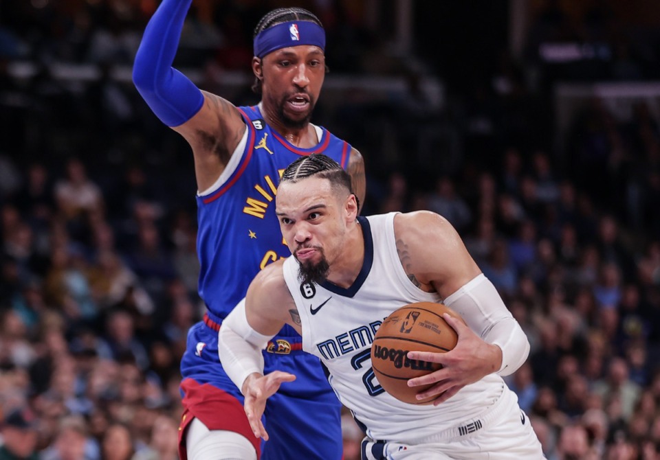 <strong>Grizzlies guard Dillon Brooks (24) drives to the basket during a Feb. 25, 2023 game against the Denver Nuggets.</strong> (Patrick Lantrip/The Daily Memphian)