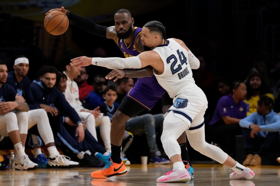 <strong>Memphis Grizzlies forward Dillon Brooks (24) defends against Los Angeles Lakers forward LeBron James (6) on Jan. 20, 2023. James won&rsquo;t be playing when the teams meet again Feb. 28.</strong> (Ashley Landis/AP file)