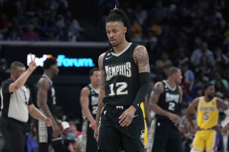 <strong>Memphis point guard Ja Morant (12) scored 39 points Tuesday night, including 28 in the third quarter, to help the Grizzlies to a win over the Los Angeles Lakers at FedExForum.</strong> (AP Photo/Karen Pulfer Focht)