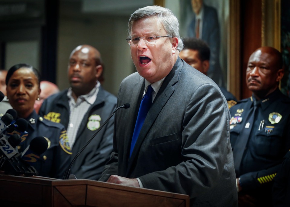 <strong>Memphis Mayor Jim Strickland angrily slaps the podium during a midnight press conference on Thursday, Sept. 8, 2022, after a gunman rampaged through Memphis.</strong> (Mark Weber/The Daily Memphian file)