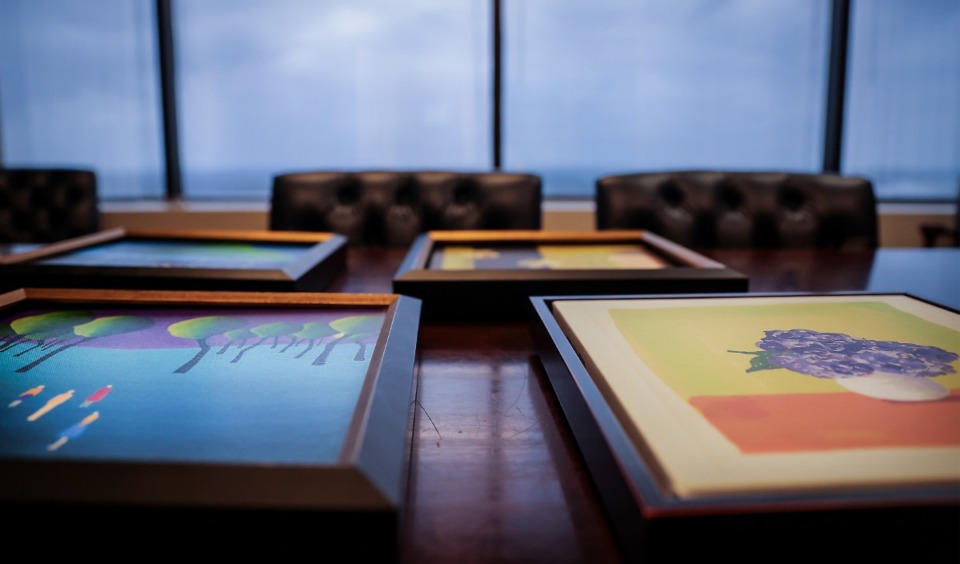 <strong>Forged canvases by Memphis artist Nancy Cheairs sit in the office of attorney Irma Merrill, March 1, 2023.</strong> (Patrick Lantrip/The Daily Memphian)