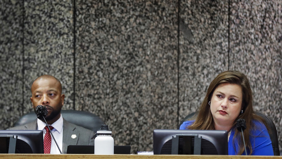 <strong>Shelby County Commissioners Mickell Lowery (left) and Amber Mills (right) during committee meetings on Wednesday, August 3, 2022.</strong> (Mark Weber/The Daily Memphian)