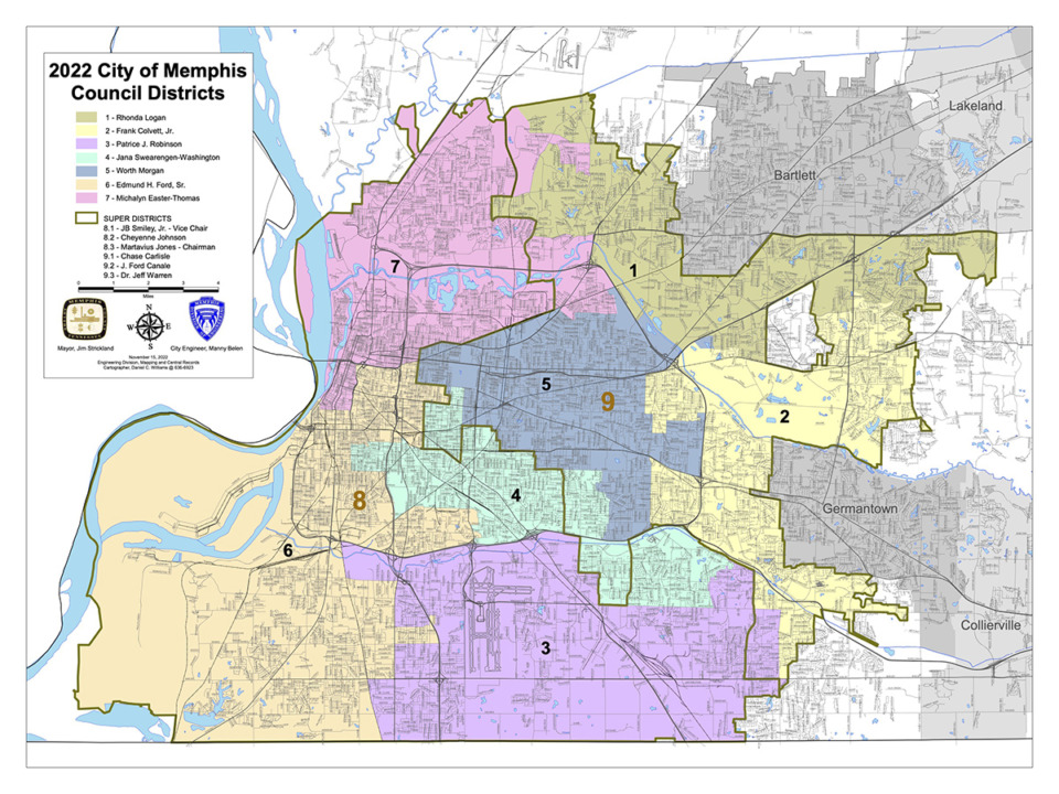 <strong>The current map of city council districts &mdash; the seven single-member districts and the two super districts with three positions elected in each super district.</strong> (Courtesy Memphis City Council)