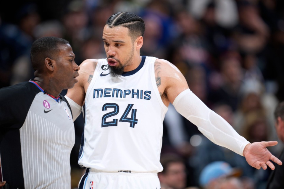 <strong>Memphis Grizzlies forward Dillon Brooks, right, argues with referee James Williams in the game against the Denver Nuggets on Friday, March 3, 2023, in Denver.</strong> (David Zalubowski/AP)
