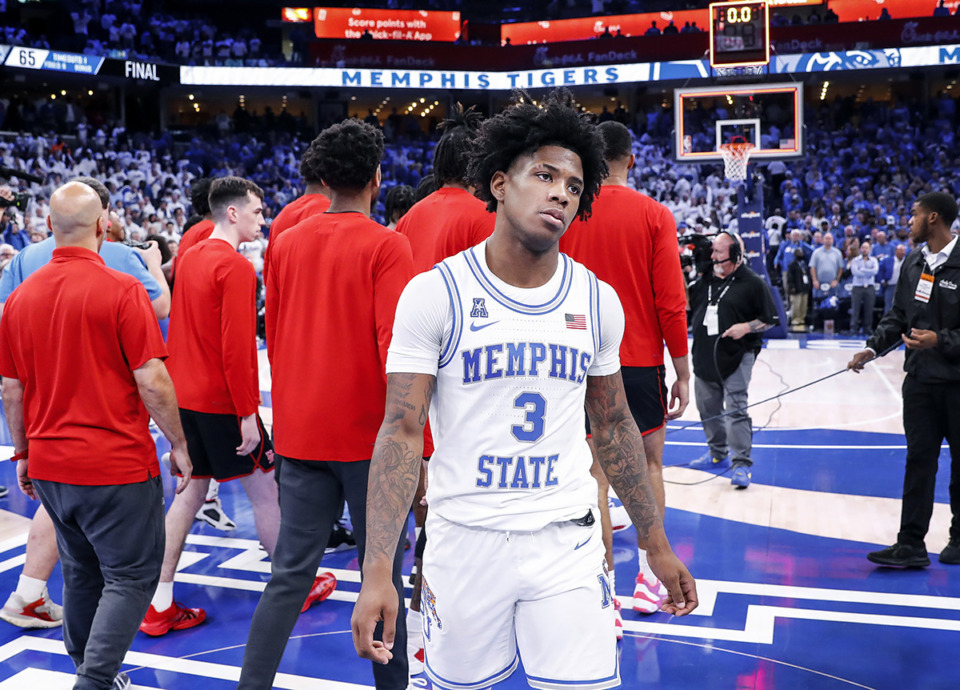 <strong>Memphis Tigers guard Kendric Davis (middle) walks off the court after losing to Houston 67-65 on a game ending shot on March 5.</strong> (Mark Weber/The Daily Memphian)