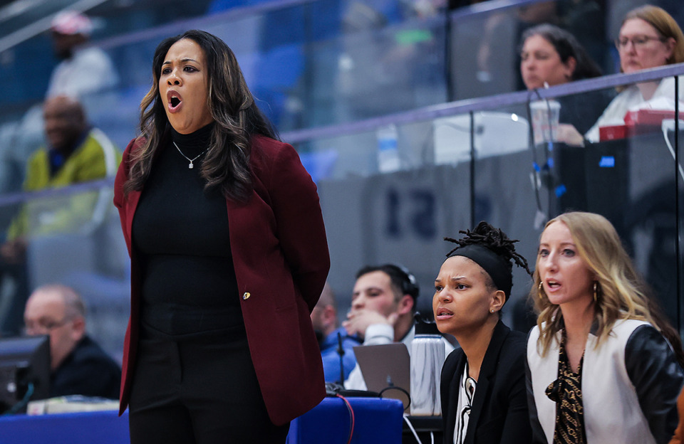 <strong>University of Memphis head coach Katrina Merriweather coaches from the sidelines of a Dec. 9, 2022 game against North Carolina Central.</strong> (Patrick Lantrip/The Daily Memphian file)