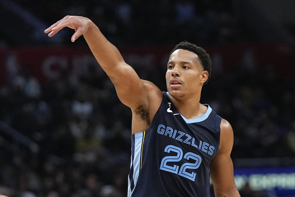 <strong>Memphis Grizzlies guard Desmond Bane poses after hitting a 3-point shot during the game against the Los Angeles Clippers Sunday, March 5, 2023, in Los Angeles.</strong> (Mark J. Terrill/AP Photo)
