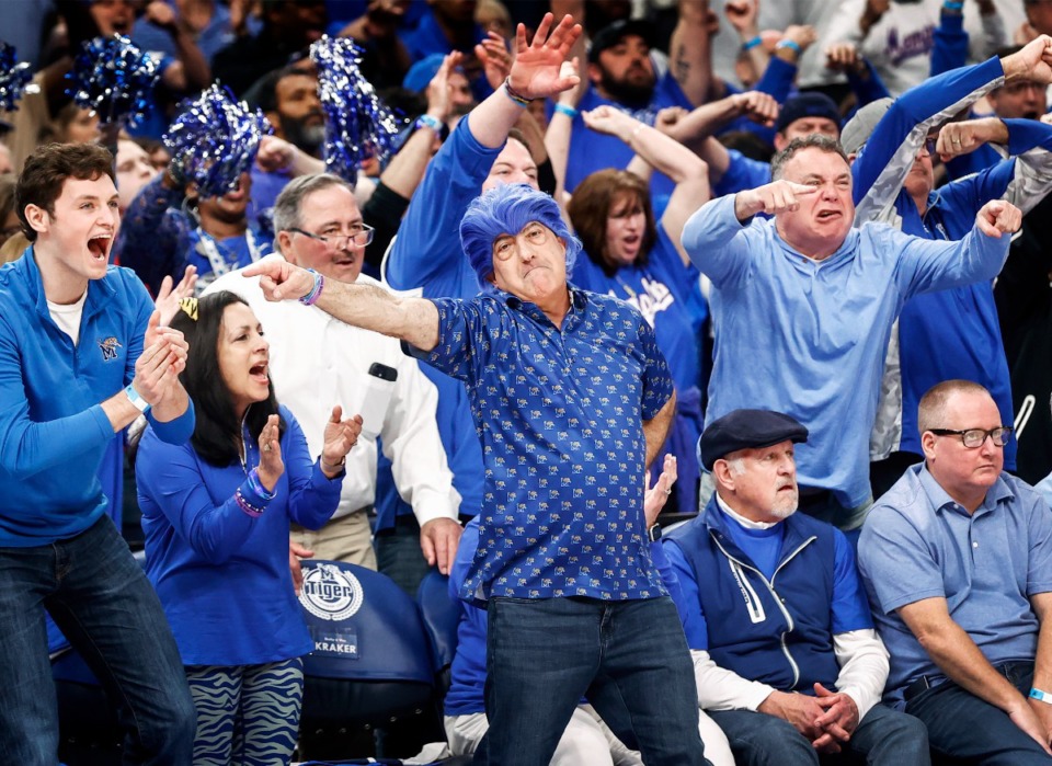<strong>Memphis Tigers fans celebrate during action against Houston on Sunday, March 5, 2023.</strong> (Mark Weber/The Daily Memphian)