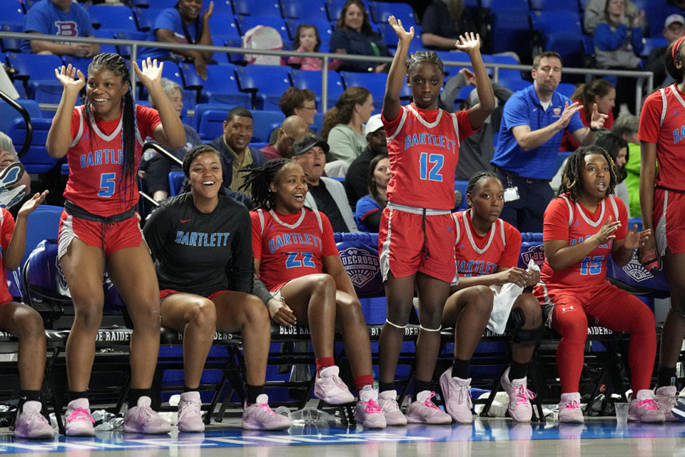 <strong>Bartlett players celebrate in the final moments of their win over Sevier County during a Class 4A game in the TSSAA BlueCross girls&rsquo; state basketball tournament March 7 in Murfreesboro, Tenn.</strong> (Mark Humphrey/Special to The Daily Memphian)