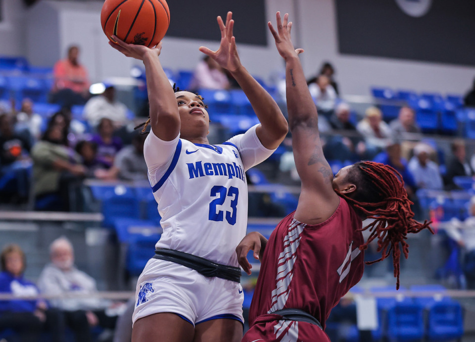 <strong>University of Memphis guard Jamirah Shutes (23) goes up for a layup during a Dec. 9, 2022 game against North Carolina Central.</strong> <strong>Tuesday, Shutes had some key steals to help the Tigers win its AAC Tournament quarterfinal game.</strong> (Patrick Lantrip/The Daily Memphian file)