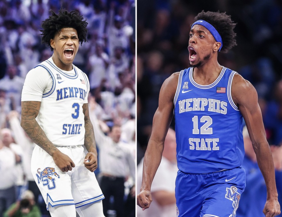 <strong>Fifth-year guard Kendric Davis (left) and fifth-year forward DeAndre Williams were named to the 2023 All-AAC first team.&nbsp;</strong>(Mark Weber, Patrick Lantrip/The Daily Memphian)