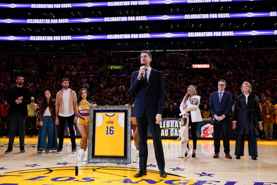 <strong>Former Los Angeles Lakers forward Pau Gasol speaks during his jersey retirement ceremony at halftime of the team's NBA basketball game against the Memphis Grizzlies&nbsp;Tuesday, March 7, 2023, in Los Angeles.</strong> (Jae C. Hong/AP Photo)