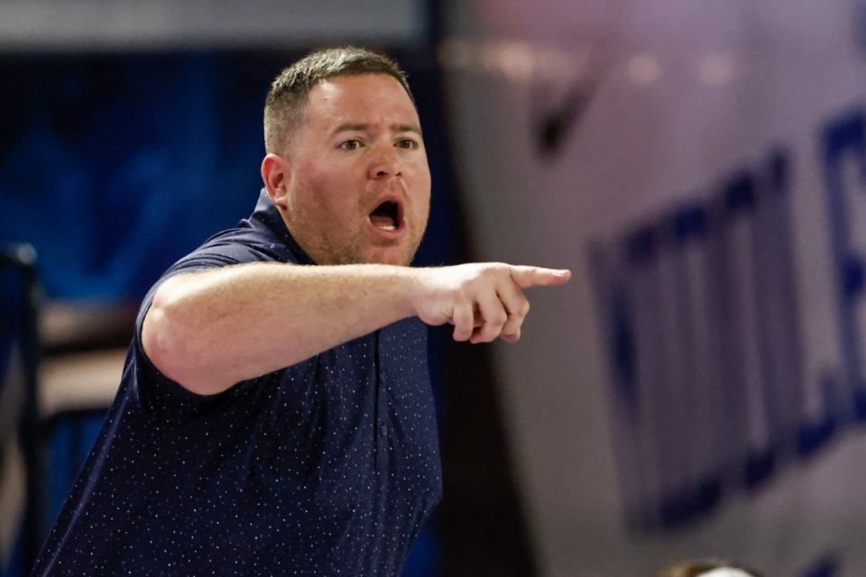 <strong>Bartlett head coach Wesley Shappley yells to his players during a TSSAA Class 4A girls basketball tournament game against Green Hill, Friday, March 10, 2023, in Murfreesboro, TN.</strong> (Wade Payne/Special to The Daily Memphian)