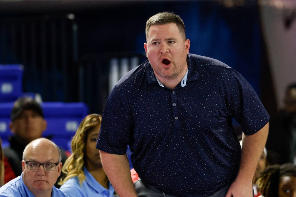 <strong>Bartlett head coach Wesley Shappley yells to his players during a TSSAA Class 4A girls basketball tournament game against Green Hill, Friday, March 10, 2023, in Murfreesboro, TN.</strong> (Wade Payne/Special to The Daily Memphian)
