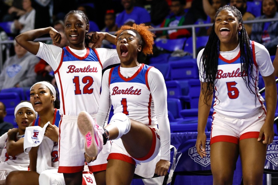 <strong>Bartlett&rsquo;s Carrington Jones (1), Akya Hicks (12), and Harmoni Brooks (5) react to a play during a TSSAA Class 4A girls basketball tournament game against Green Hill, Friday, March 10, 2023, in Murfreesboro, TN.</strong> (Wade Payne/Special to The Daily Memphian)