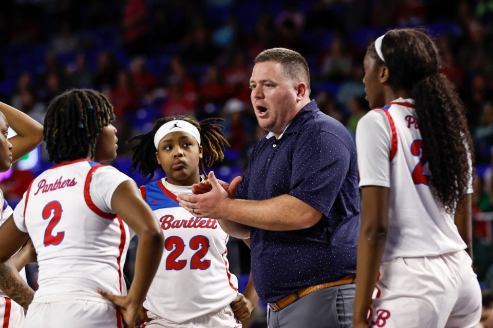 <strong>Barlett head coach Wesley Shappley talks with his players during a timeout in a TSSAA Class 4A girls basketball tournament game against Green Hill, Friday, March 10, 2023, in Murfreesboro, TN.</strong> (Wade Payne/Special to The Daily Memphian)