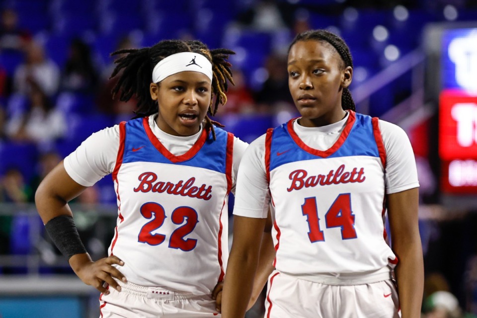 <strong>Bartlett&rsquo;s Shamari Hamlett (223) talks to Brooklyn Spates (14) during a TSSAA Class 4A girls basketball tournament game against Green Hill, Friday, March 10, 2023, in Murfreesboro, TN.</strong> (Wade Payne/Special to The Daily Memphian)