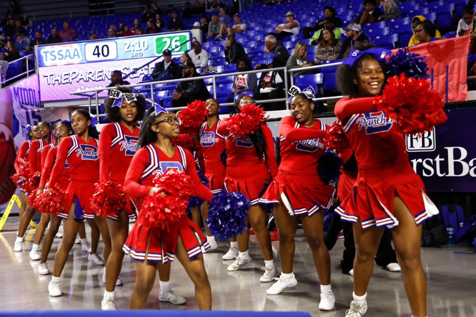 <strong>Bartlett cheerleaders perform during a TSSAA Class 4A girls basketball tournament game against Green Hill, Friday, March 10, 2023, in Murfreesboro, TN.</strong> (Wade Payne/Special to The Daily Memphian)