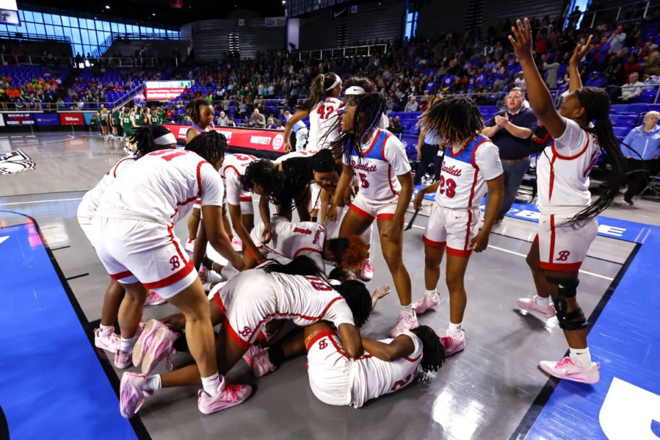 <strong>Bartlett players celebrate their win over Green Hill during a TSSAA Class 4A girls basketball tournament game, Friday, March 10, 2023, in Murfreesboro, TN.</strong> (Wade Payne/Special to The Daily Memphian)