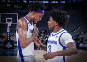 <strong>Memphis guard Kendric Davis (3) and forward DeAndre Williams (12) congratulate each other after the March 10, 2023, game against UCF, where they both scored more than 30 points.</strong>&nbsp;(Patrick Lantrip/The Daily Memphian)