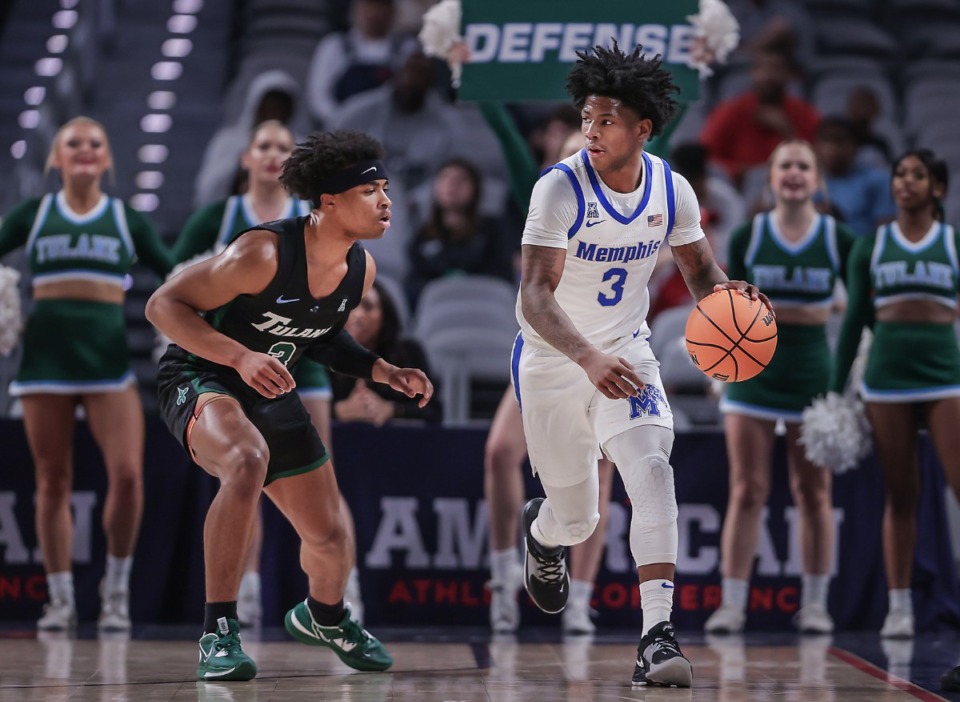 <strong>University of Memphis guard Kendric Davis (3) brings the ball up the court during a March 11, 2023 game against Tulane at Dickies Arena in Fort Worth, Texas.</strong> (Patrick Lantrip/The Daily Memphian)