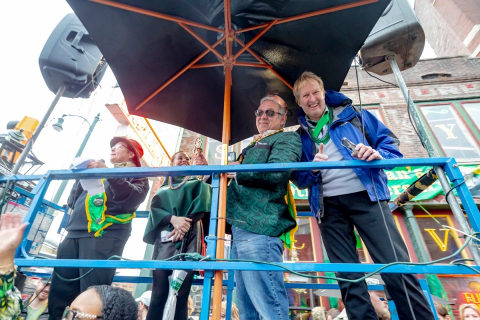 <strong>King of the 2023 St. Patrick&rsquo;s Day Parade, meterologist Ron Childers (second from right) rides a float with Memphis Tourism president and CEO Kevin Kane (right), in the 50th annual Silky Sullivan&rsquo;s St. Patrick&rsquo;s Day Parade on Beale Street on Saturday, March 11, 2023.</strong> (Ziggy Mack/Special to The Daily Memphian)