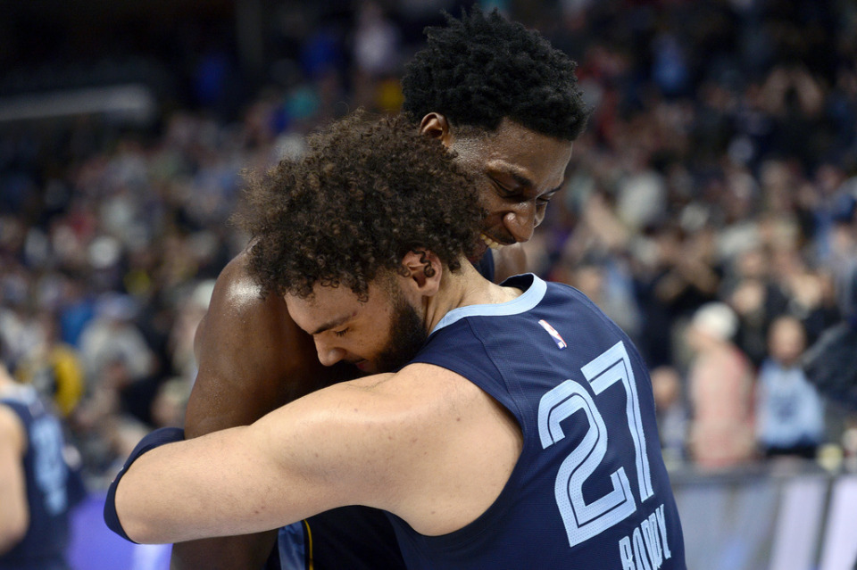 <strong>David Roddy embraces Jaren Jackson Jr. after the Grizzlies&rsquo; win over the Dallas Mavericks at FedExForum, Saturday, March 11, 2023.</strong> (Brandon Dill/AP)