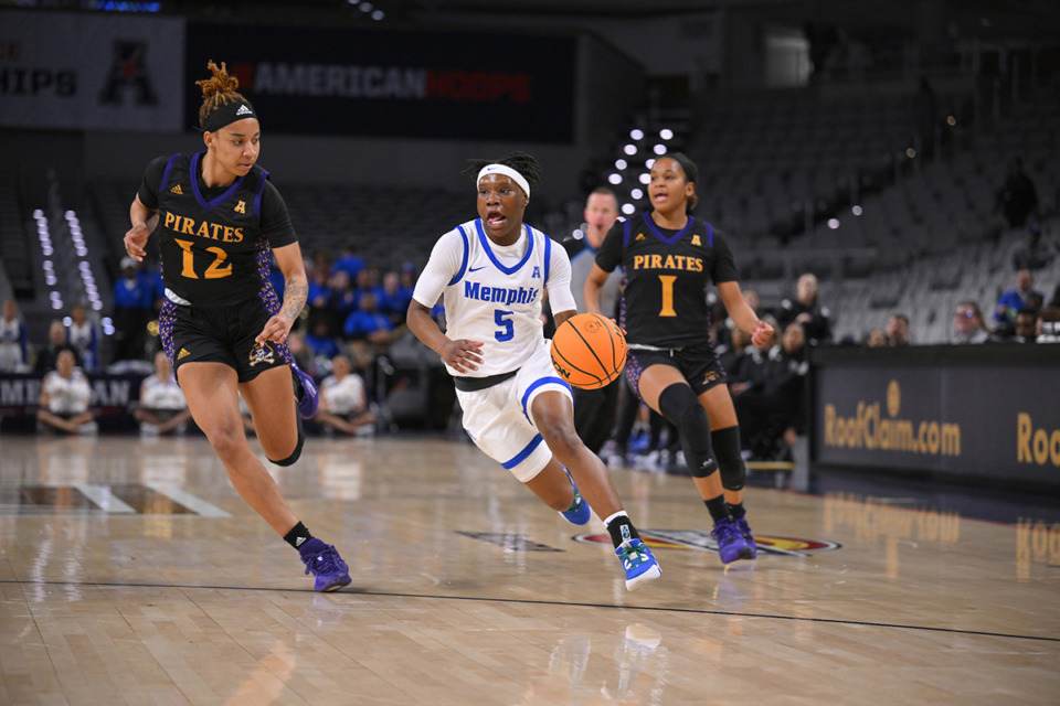 <strong>Memphis Tigers guard Emani Jefferson (5) versus East Carolina University on March 8 in the Women&rsquo;s AAC Tournament semifinals.</strong> (Andy Hancock/American Athletic Conference)
