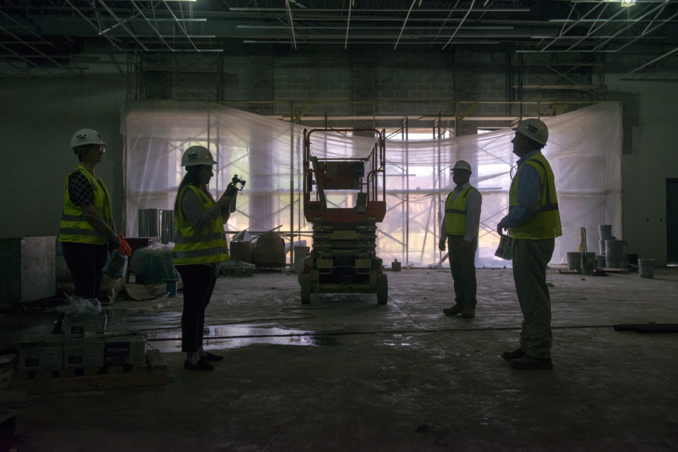<strong>Germantown Municipal School District Superintendent Jason Manuel&nbsp;(far right) and A2H architect Stewart Smith (second from right) lead a tour of the construction site of Forest Hill Elementary School May 8, 2019, in Germantown.</strong> (Brandon Dill/Special To The Daily Memphian)
