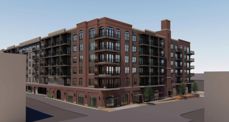 <strong>The first phase of the development, under construction on Vance, will include 210 multifamily residential units and a 262-car parking garage.</strong> (Courtesy Carlisle Corp.)